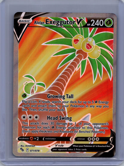 Front of Alolan Exeggutor V 071/078 Full Art Ultra Rare from Pokémon GO. English raw trading card. Exact card shown.