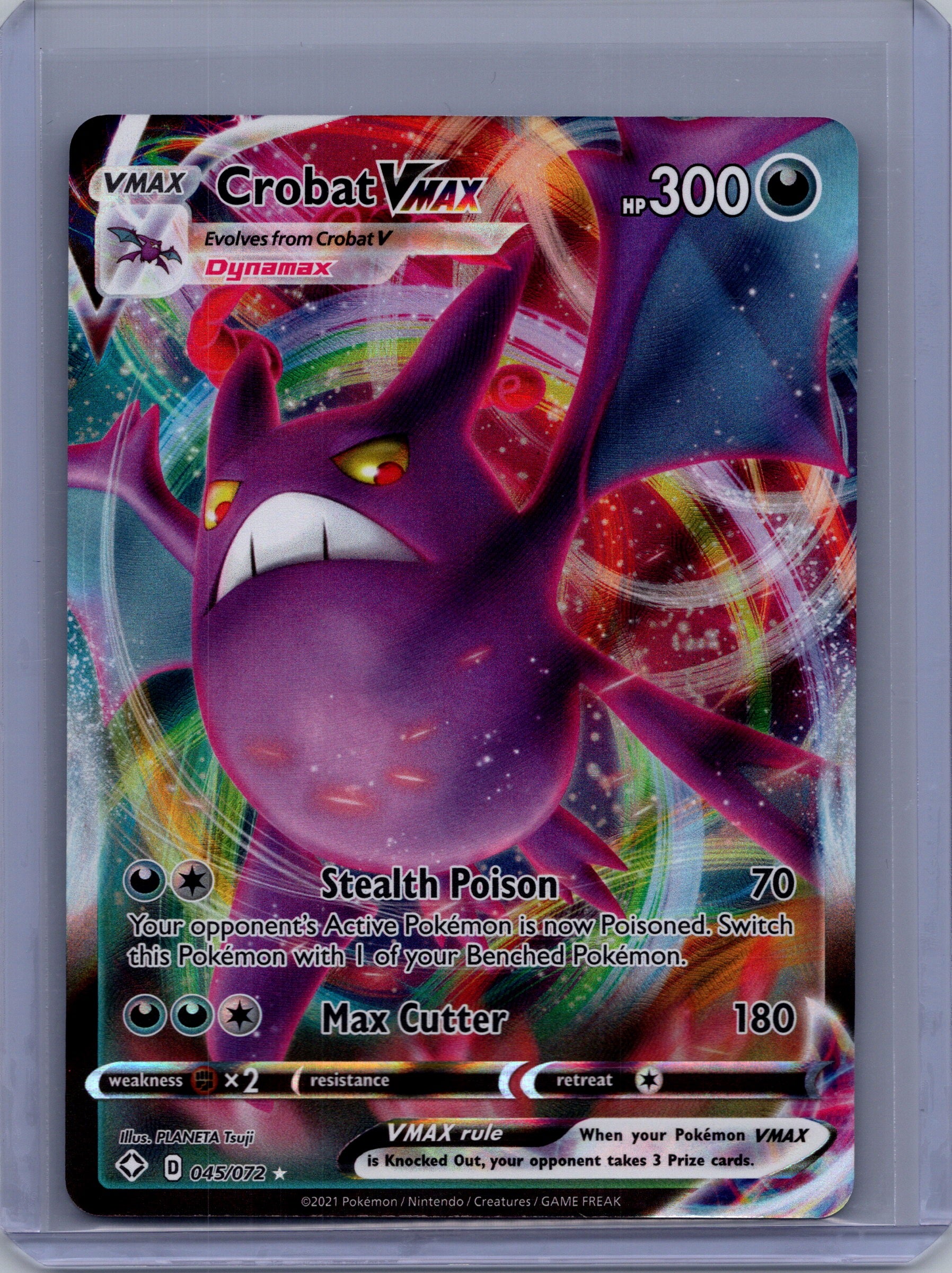 Front of Crobat VMAX 045/072 Ultra Rare from Shining Fates. English raw trading card. Exact card shown.
