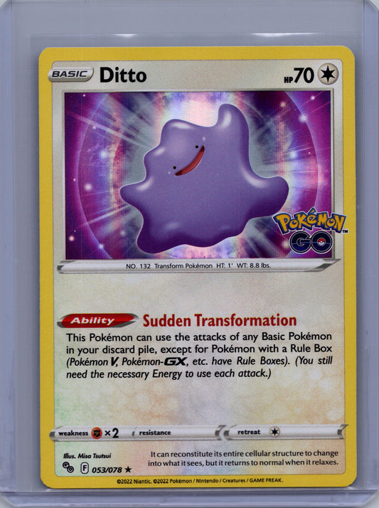 Front of Ditto 053/078 Holo Rare from Pokémon GO. English raw trading card. Exact card shown.
