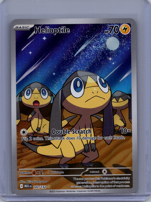 Front of Helioptile 143/132 from Pokémon Mega Evolution. English raw trading card. Exact card shown.