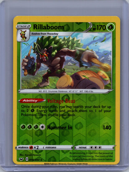 Front of Rillaboom 014/202 Reverse Holo Rare from Pokémon Sword & Shield Base Set. English raw trading card. Exact miscut card shown.