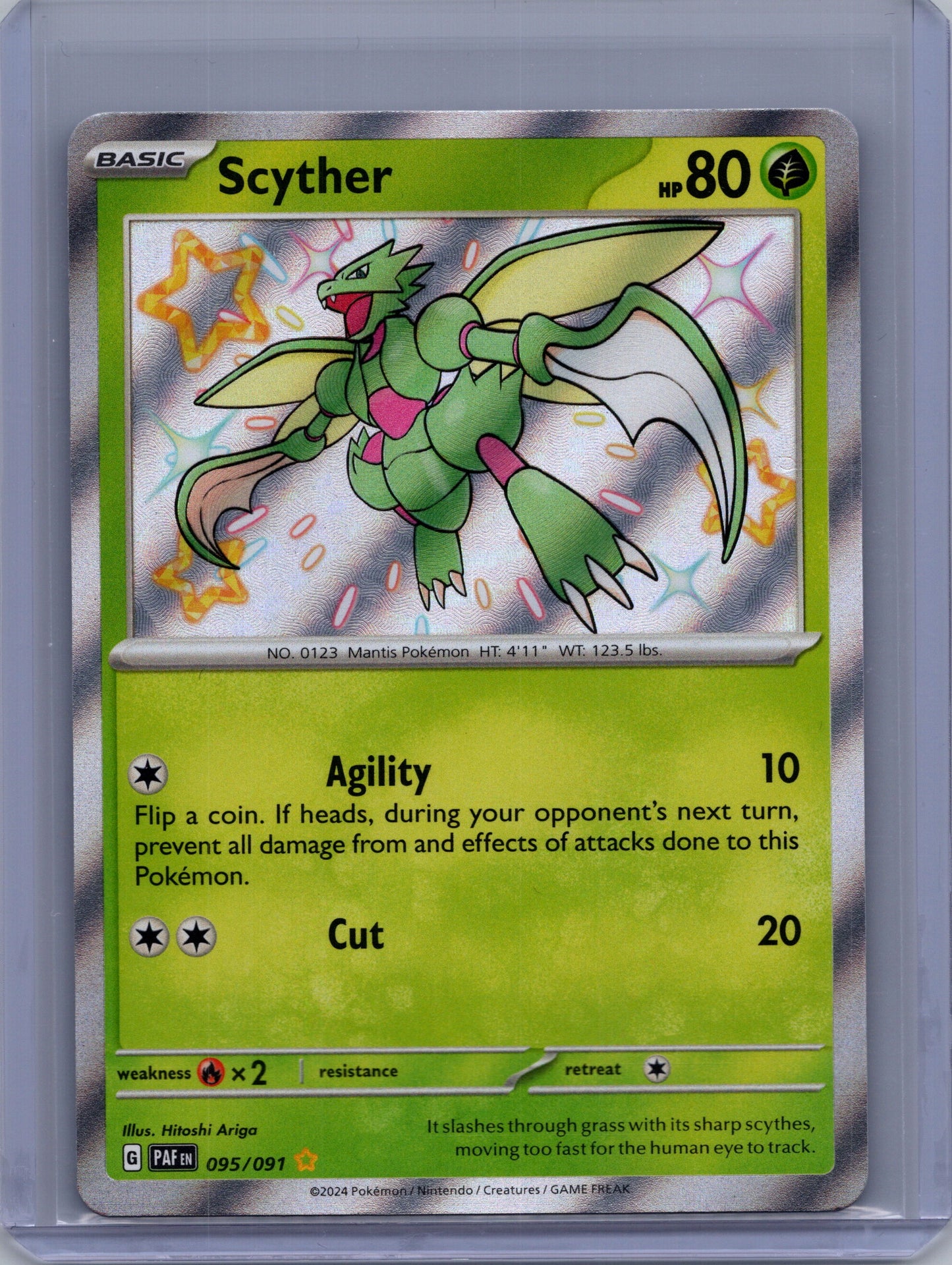 Front of Scyther 095/091 from Pokémon Paldean Fates. English raw trading card. Exact card shown.