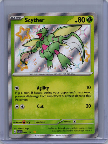 Front of Scyther 095/091 from Pokémon Paldean Fates. English raw trading card. Exact card shown.